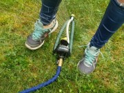 Wetting My Jeans Into sockless Shoes then soaking in the sprinkler 12/16