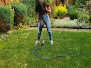 Wetting My Jeans Into sockless Shoes then soaking in the sprinkler 3/16