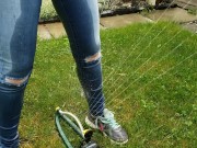Wetting My Jeans Into sockless Shoes then soaking in the sprinkler 4/16