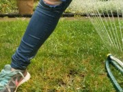 Wetting My Jeans Into sockless Shoes then soaking in the sprinkler 8/16