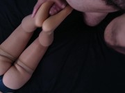 Cum on feet wearing shiny stockings and very sexy green panties 14/16