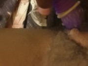 Creamy dildo play while people are home