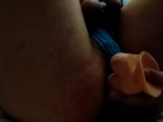 Closeup 14 inch Dildo underneath anal pounding
