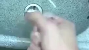 Big dick jerking off in airplane bathroom