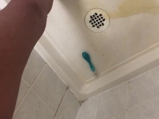 PEE DESPERATION LEADS TO PISSING IN SHOWER AND CUMMING