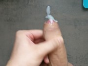 Edged big glans Penis covered with precum ejaculates thick cum load in kitchen