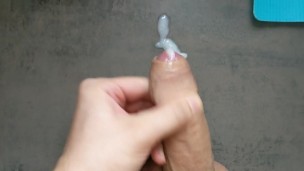 Edged big glans Penis covered with precum ejaculates thick cum load in kitchen