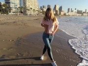 Wet shoot on a public beach with Crazy Model. Risky outdoor masturbation. Foot fetish. Pee in jeans