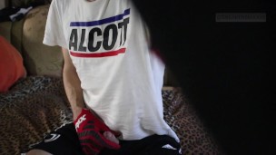 Twink guy in a mxhelmet jerks off and strokes the body