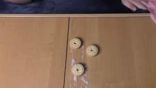 BBW perfect babe eat cum covered cookies. Femdom mukbang and cum play