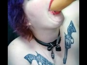 Chubby girl throat fucked by mechanical toy