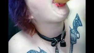 Chubby girl throat fucked by mechanical toy