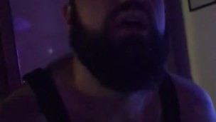 Big Italian bearded bear with harness put dildo in his ass for the first time during a party orgy