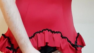 Crossdressing cums in sexy red lingerie
