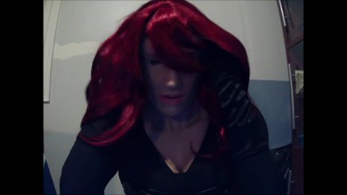 Tight Playmate Pt3! Putting on my new red wig! on my female mask Playmate ;3