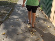 BBW in flip flops walks along the sidewalk while a voyeur peeps on her feet Public foot fetish 10/16