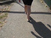 BBW in flip flops walks along the sidewalk while a voyeur peeps on her feet Public foot fetish 11/16