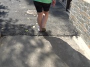 BBW in flip flops walks along the sidewalk while a voyeur peeps on her feet Public foot fetish 13/16