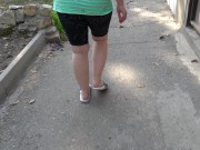 BBW in flip flops walks along the sidewalk while a voyeur peeps on her feet Public foot fetish 14/16