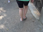 BBW in flip flops walks along the sidewalk while a voyeur peeps on her feet Public foot fetish 15/16