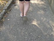 BBW in flip flops walks along the sidewalk while a voyeur peeps on her feet Public foot fetish 16/16