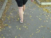 BBW in flip flops walks along the sidewalk while a voyeur peeps on her feet Public foot fetish 2/16