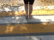 BBW in flip flops walks along the sidewalk while a voyeur peeps on her feet Public foot fetish 4/16
