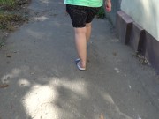 BBW in flip flops walks along the sidewalk while a voyeur peeps on her feet Public foot fetish 7/16