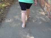 BBW in flip flops walks along the sidewalk while a voyeur peeps on her feet Public foot fetish 8/16