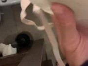 Another sneaky cum on her white pink 36C bra