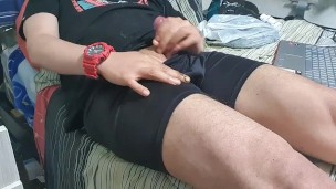 BIG COCK INSIDE BLACK GLOSSY BOXERS BLACK SUGAR DADDY IS JERKING OFF