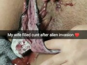 My wife lies with a pussy full of alien cum after breeding~ Hubby watch this