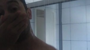 bear man / fat man taking a shower