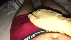 Teen massages his foreskin and cock and cums in his tight pants
