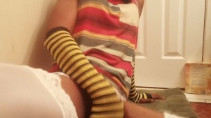 Skinny Amateur Shemale pulling her Black Cock solo