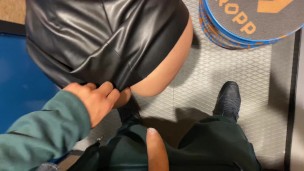 Risky Cumshot on Leather skirt in Changing room