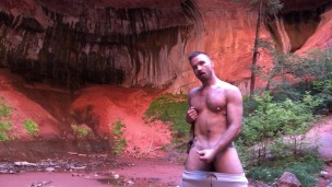Cute jock jacking off in nature