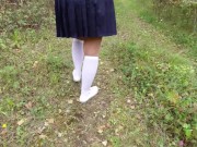 Schoolgirl in white knee socks walk nature foot feet fetish under skirt 11/16