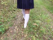 Schoolgirl in white knee socks walk nature foot feet fetish under skirt 12/16