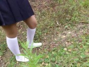Schoolgirl in white knee socks walk nature foot feet fetish under skirt 13/16