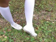 Schoolgirl in white knee socks walk nature foot feet fetish under skirt 14/16