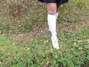 Schoolgirl in white knee socks walk nature foot feet fetish under skirt 15/16