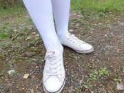Schoolgirl in white knee socks walk nature foot feet fetish under skirt 5/16