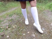 Schoolgirl in white knee socks walk nature foot feet fetish under skirt 6/16
