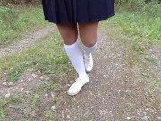 Schoolgirl in white knee socks walk nature foot feet fetish under skirt 8/16