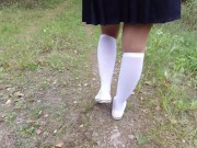 Schoolgirl in white knee socks walk nature foot feet fetish under skirt 9/16