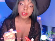 Ebony Witch Applies Red Lipstick for Halloween Webcam