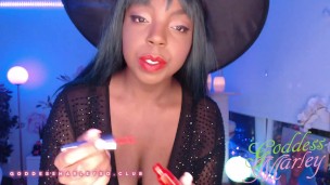 Ebony Witch Applies Red Lipstick for Halloween Webcam