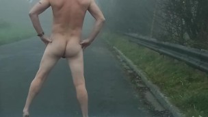 Busted naked in road spreading arse