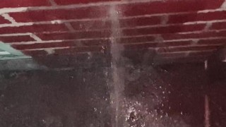 Naughty Slut Power Washes the wall with piss, the splash back was bad, it felt like a golden shower!